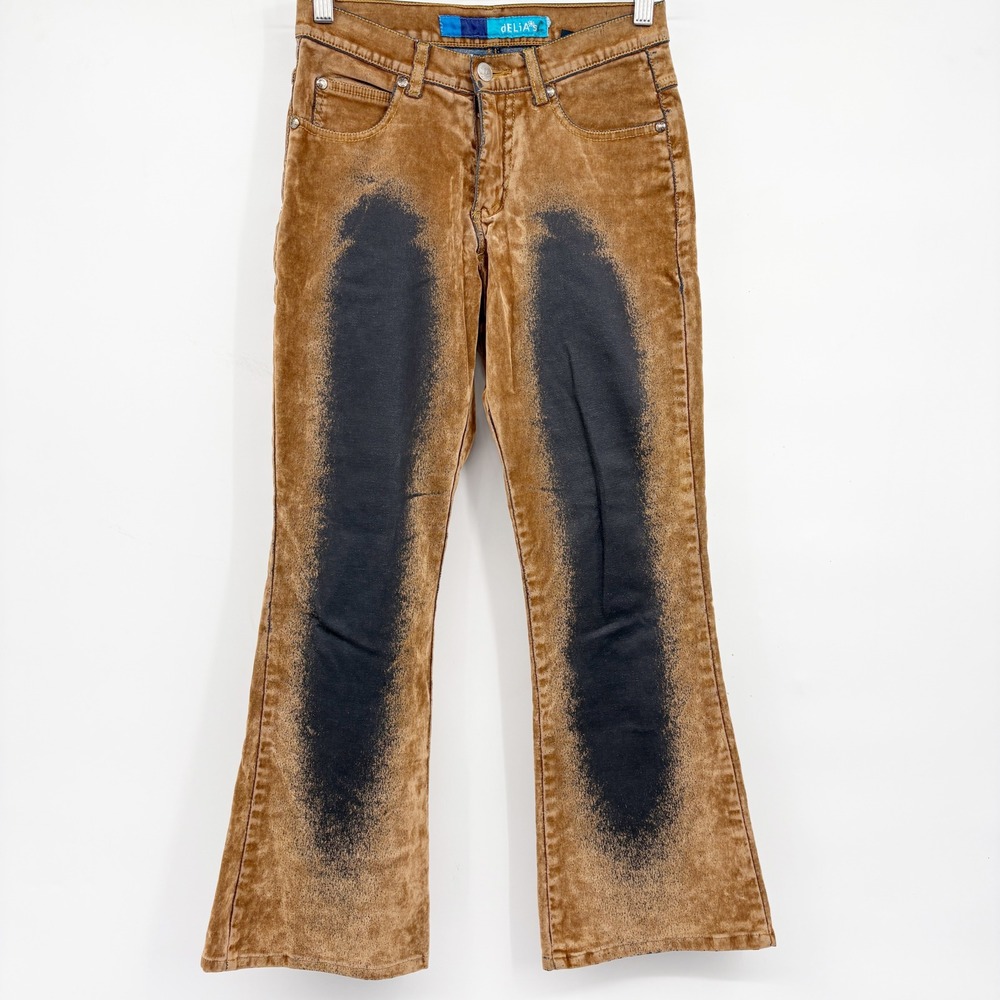 dELiA*s Womens Low Rise Brown Flocked Spray Paint Y2K Grunge Flare Jeans Size 3